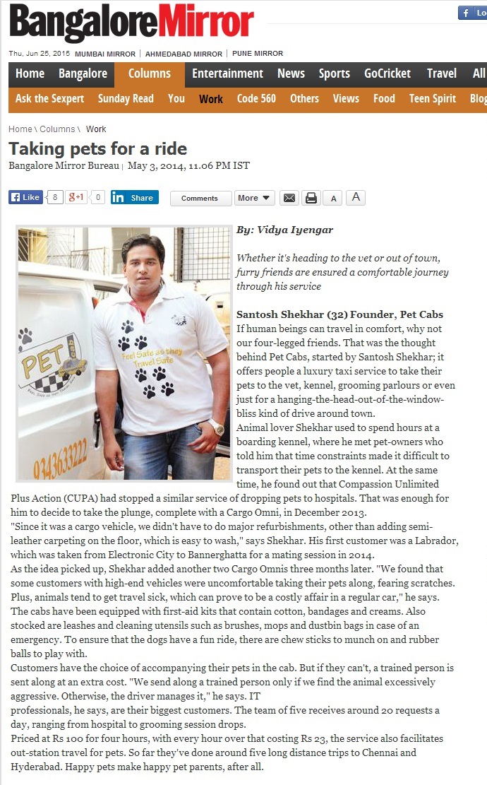 PetCab In "Bangalore Mirror"